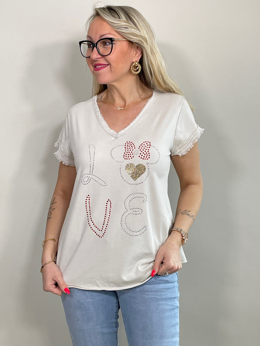 T-Shirt mit Steinchen und Glitzerdruck in versch. Farben Artikel 5781
