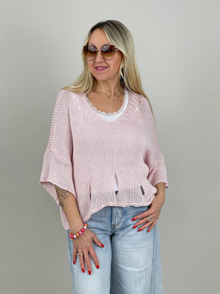 Pullover Kurzarm Lochmuster in Rosa