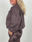 Jacke mit Kapuze in Velours-Optik in Mokka
