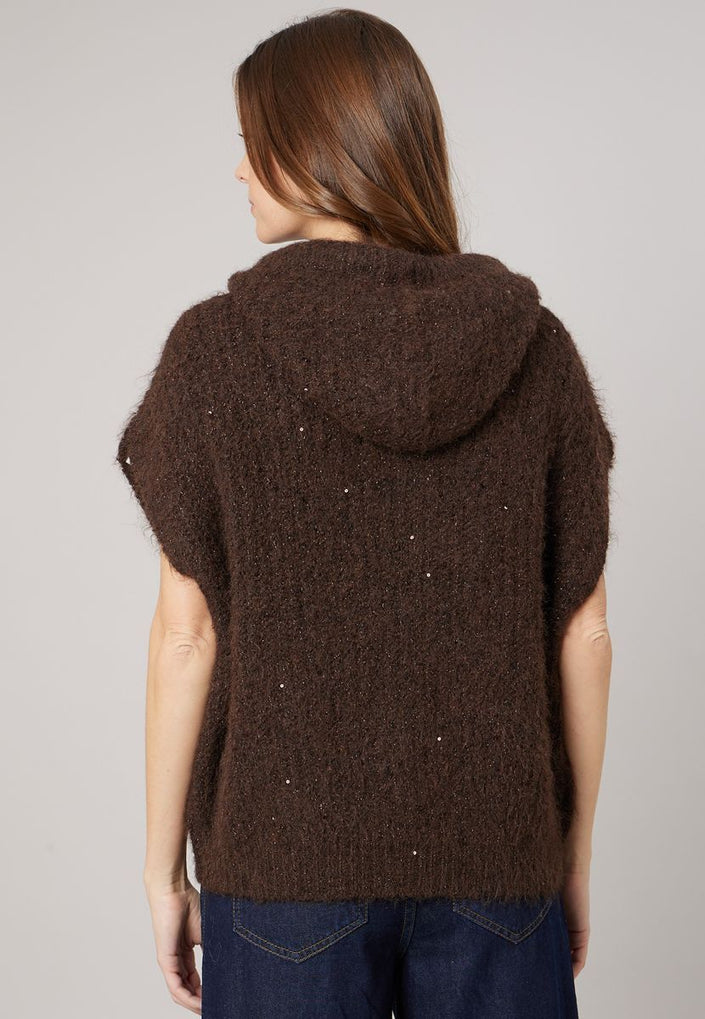 Kapuzen-Weste mit Pailletten in Braun