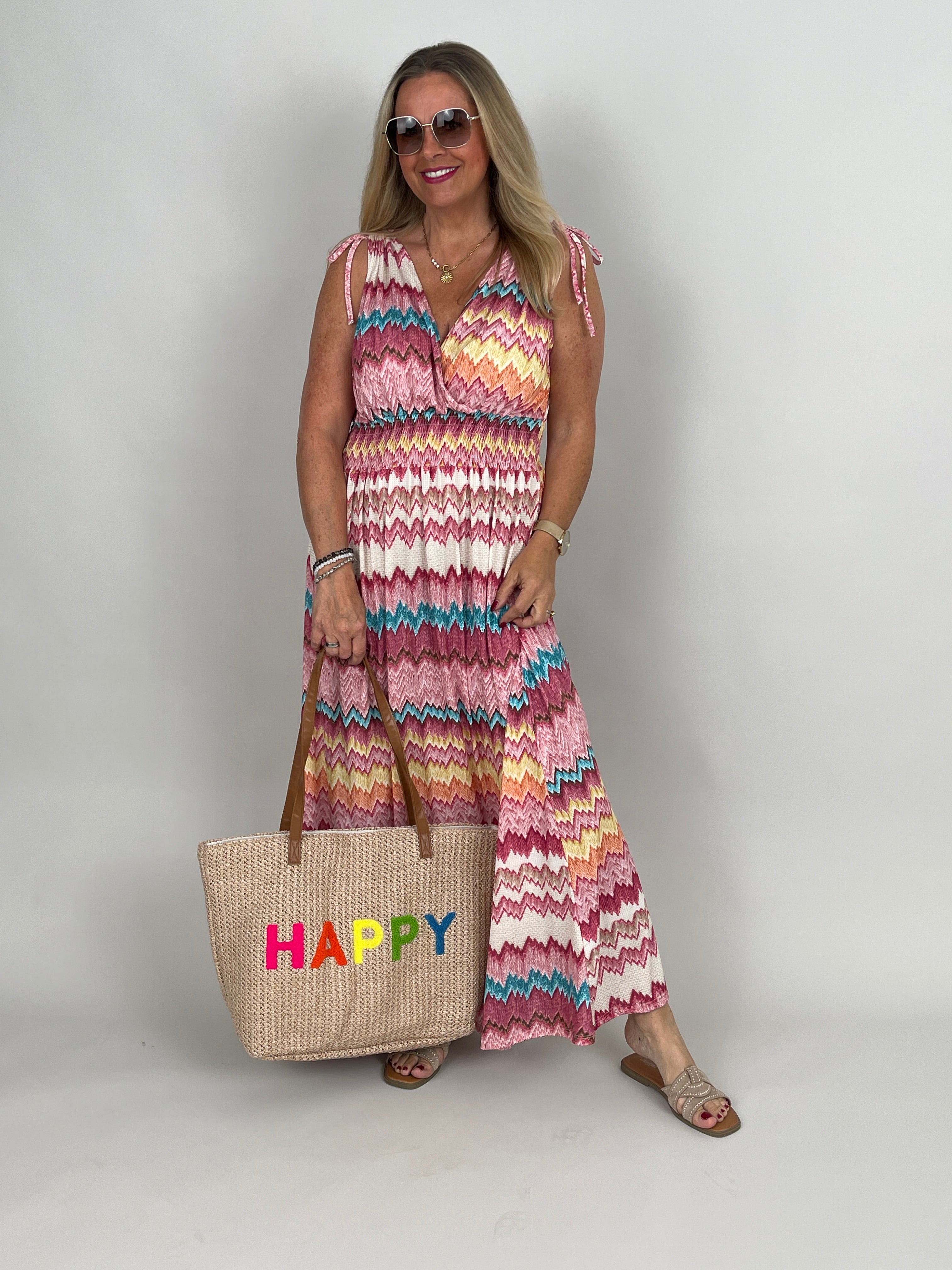 Kleid Maxi Kofferstoff Binde-Details ZickZack in Rosatönen