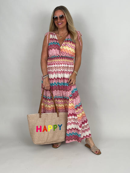 Kleid Maxi Kofferstoff Binde-Details ZickZack in Rosatönen