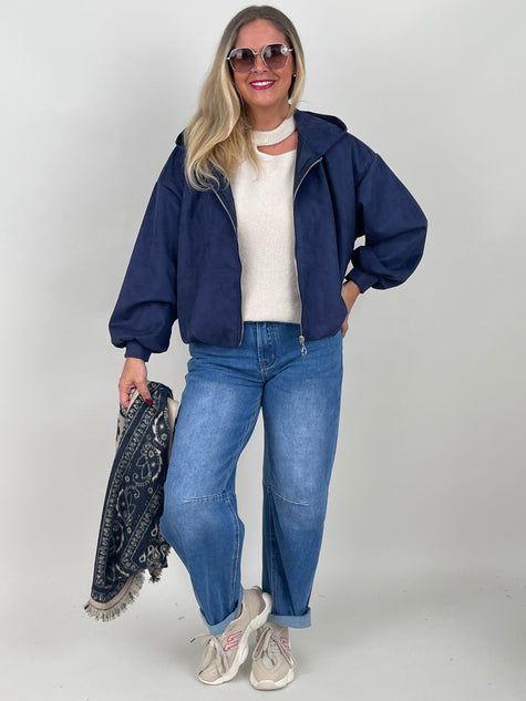Jacke mit Kapuze in Velours-Optik in Marine