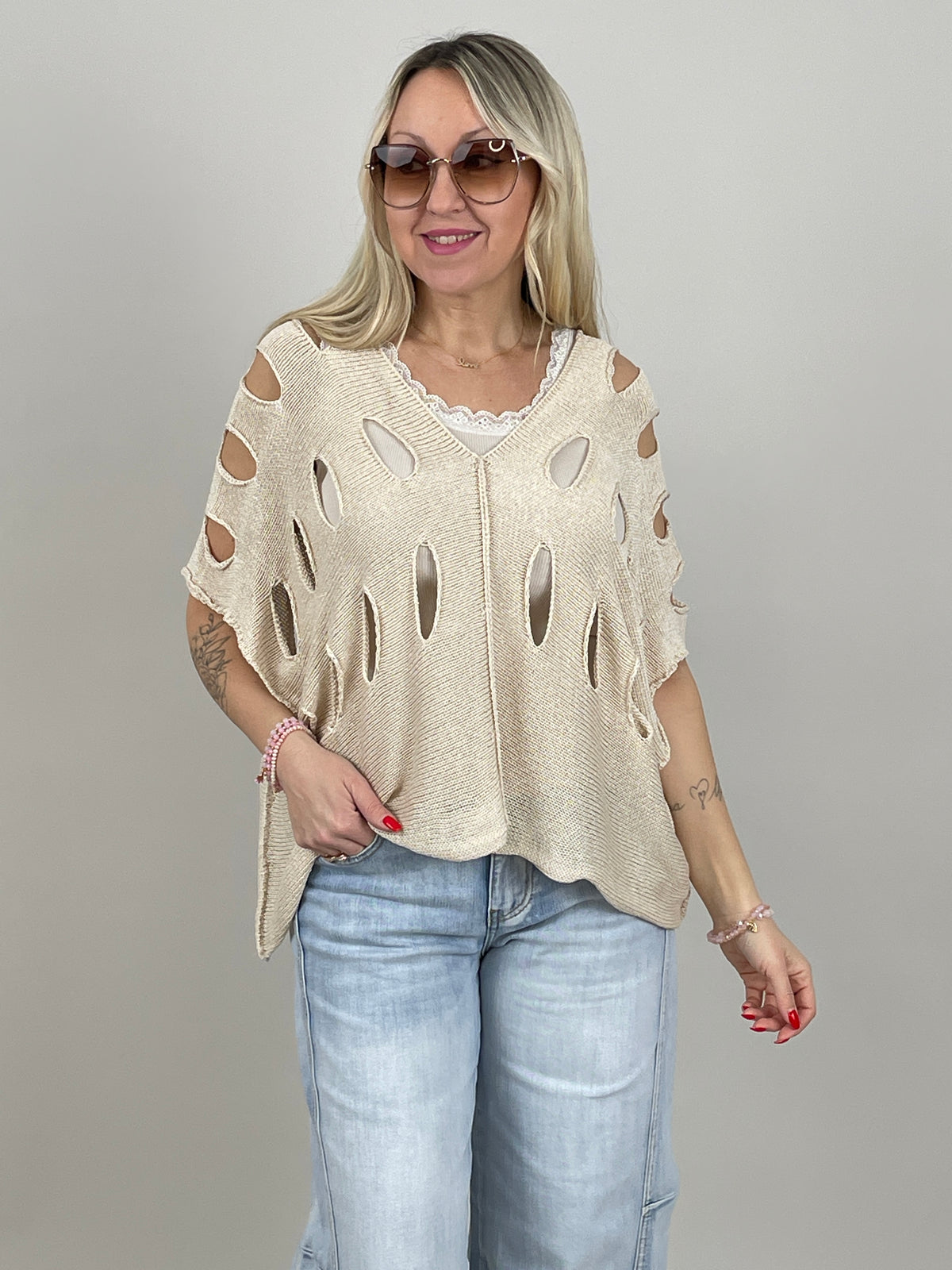Pullover Kurzarm großes Lochmuster in Beige