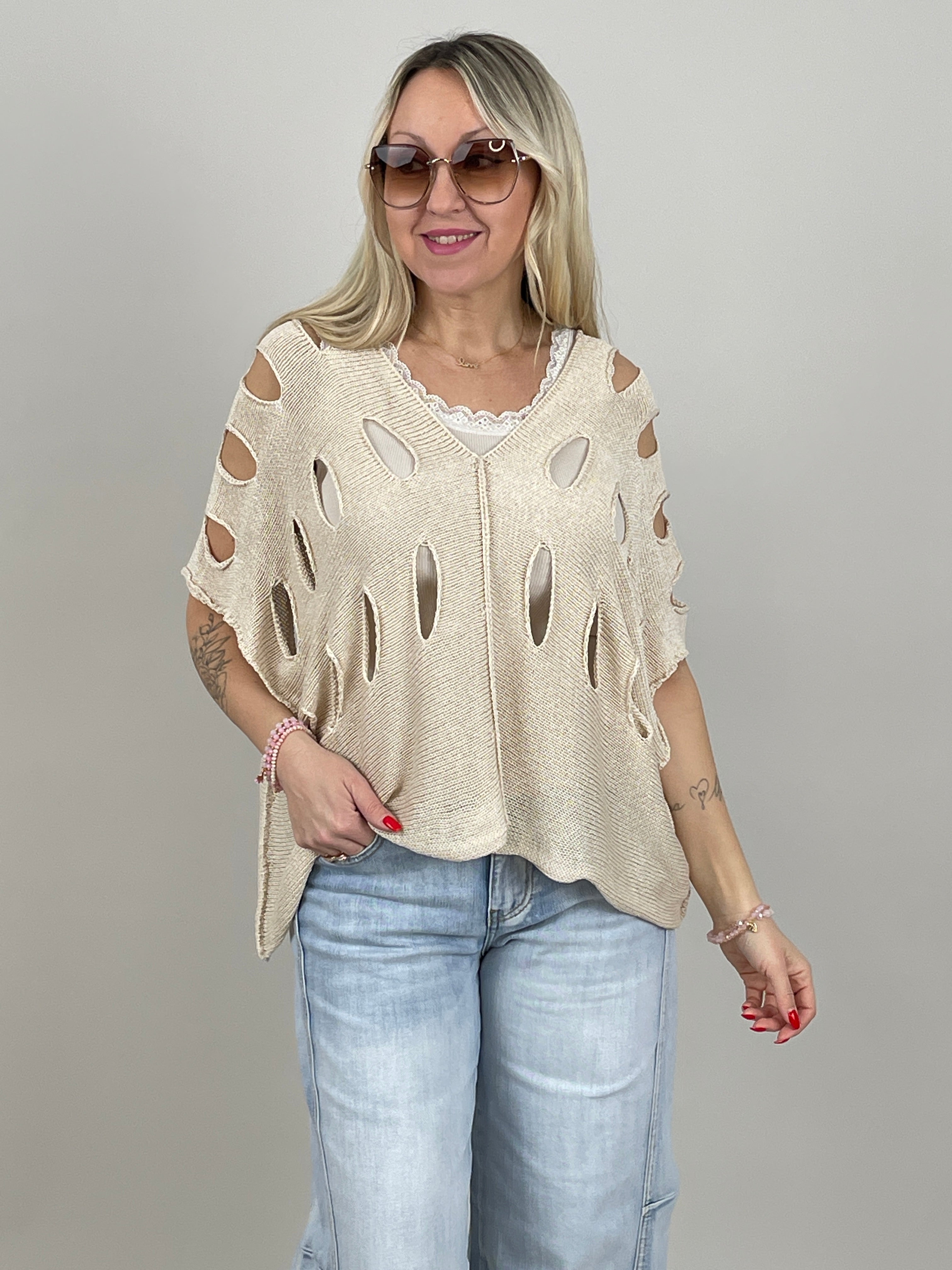 Pullover Kurzarm großes Lochmuster in Beige