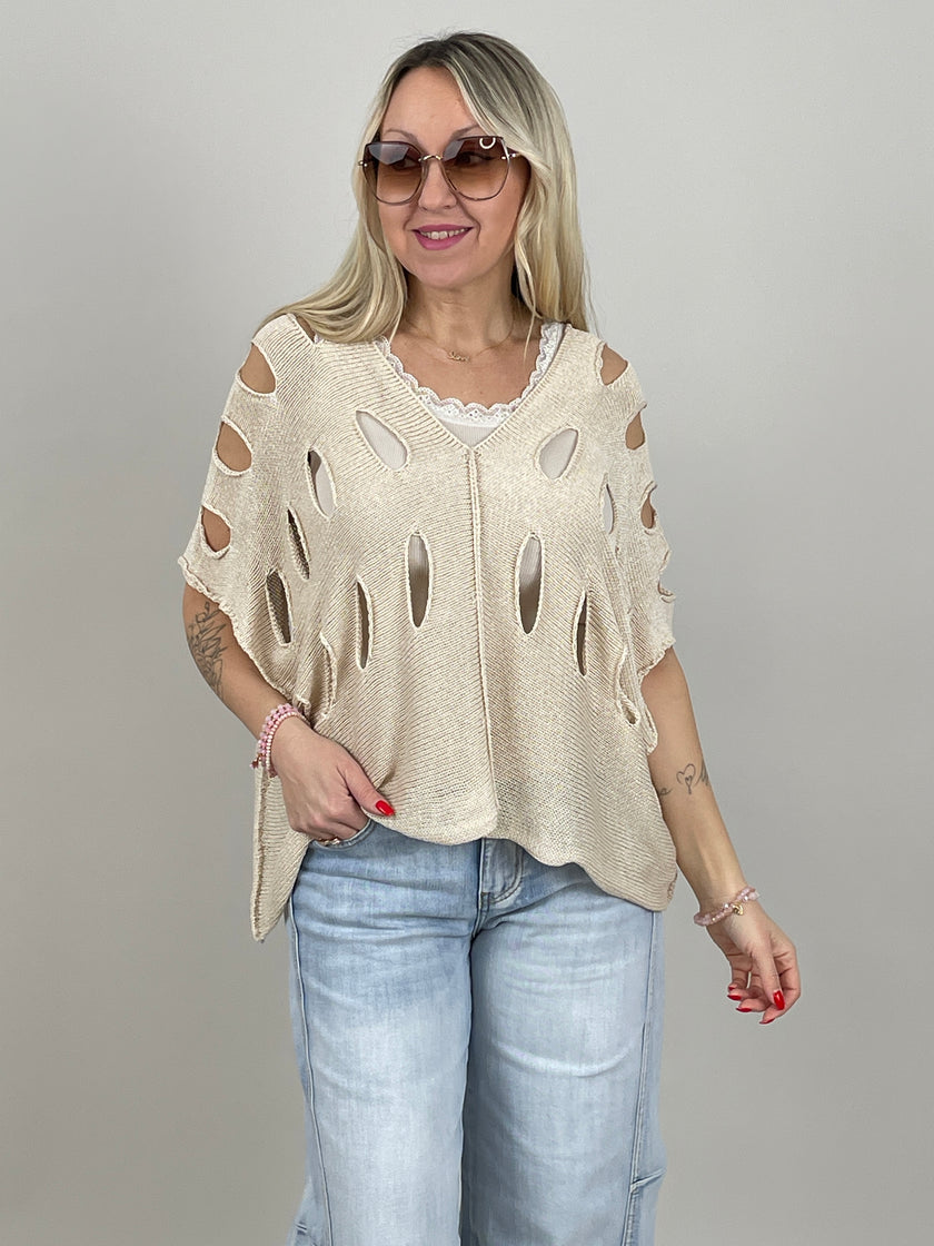 Pullover Kurzarm großes Lochmuster in Beige