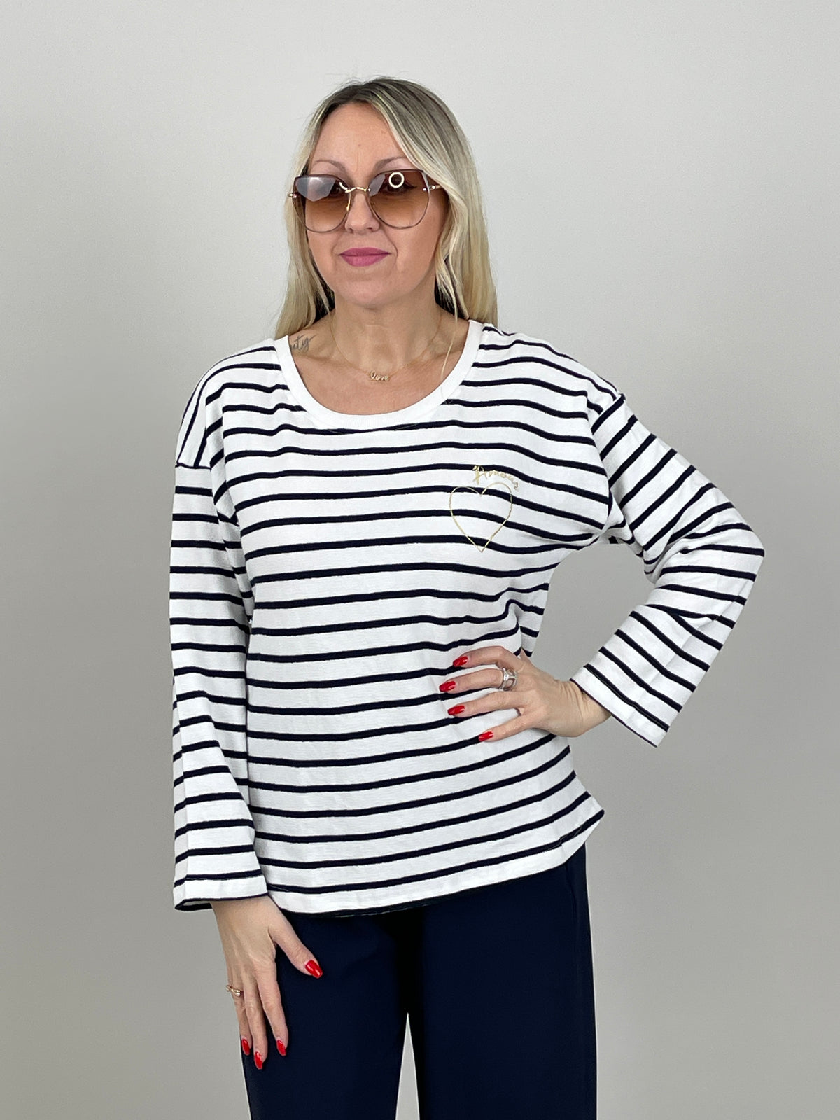 Pullover Feinstrick Streifen Marine/Weiß
