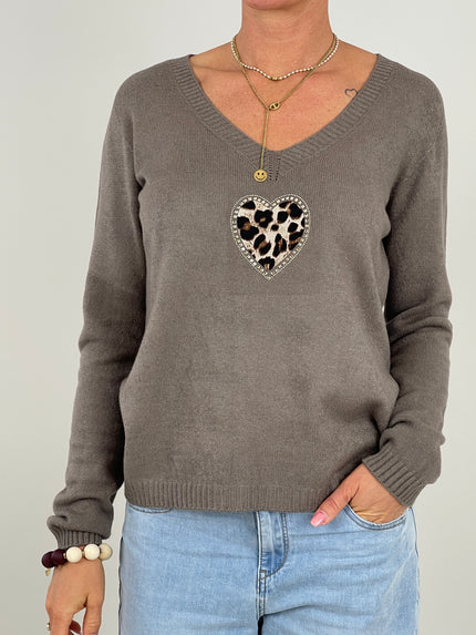 Pullover Feinstrick mit Herz in Taupe Art. 6380