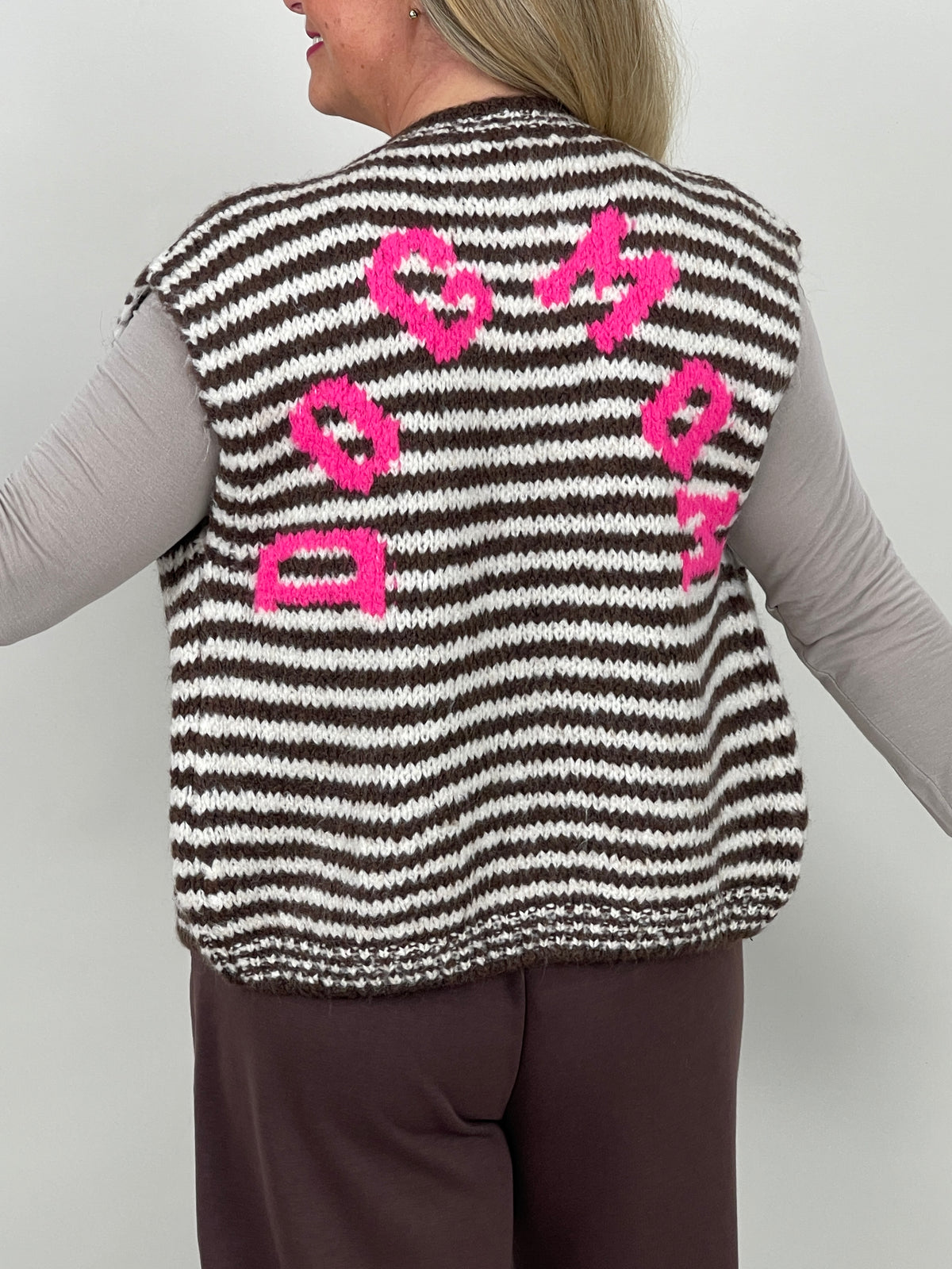 Strickweste Streifen Dog Mom in Mokka/Creme