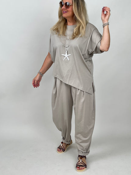 Hose Bundfalten Butterstoff helles Taupe