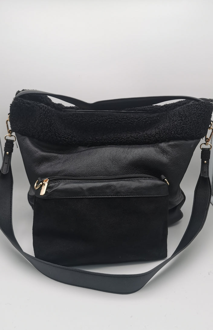 Tasche Lederoptik mit Teddyfell in Schwarz Art. 6429