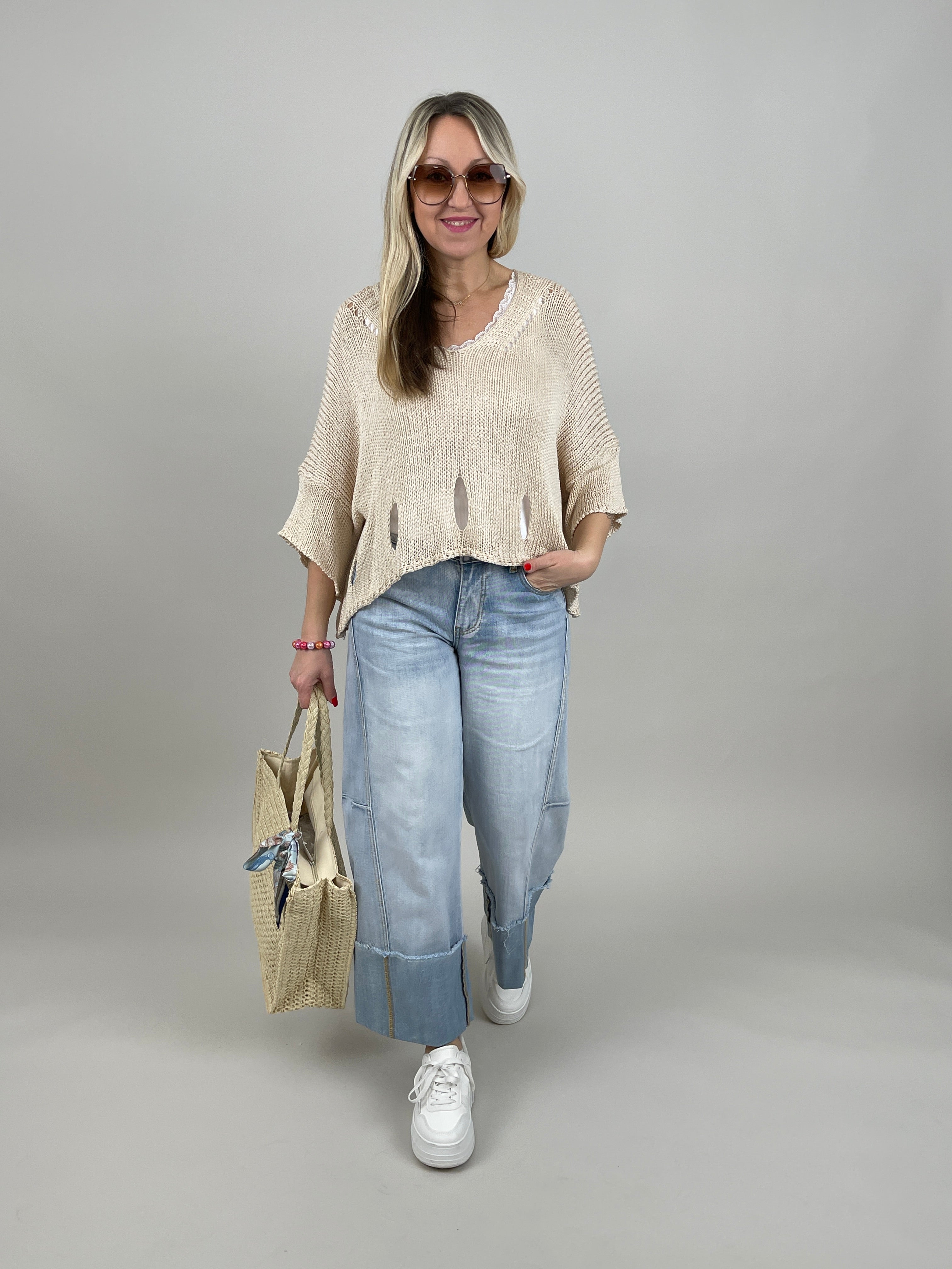 Pullover Kurzarm Lochmuster in Beige
