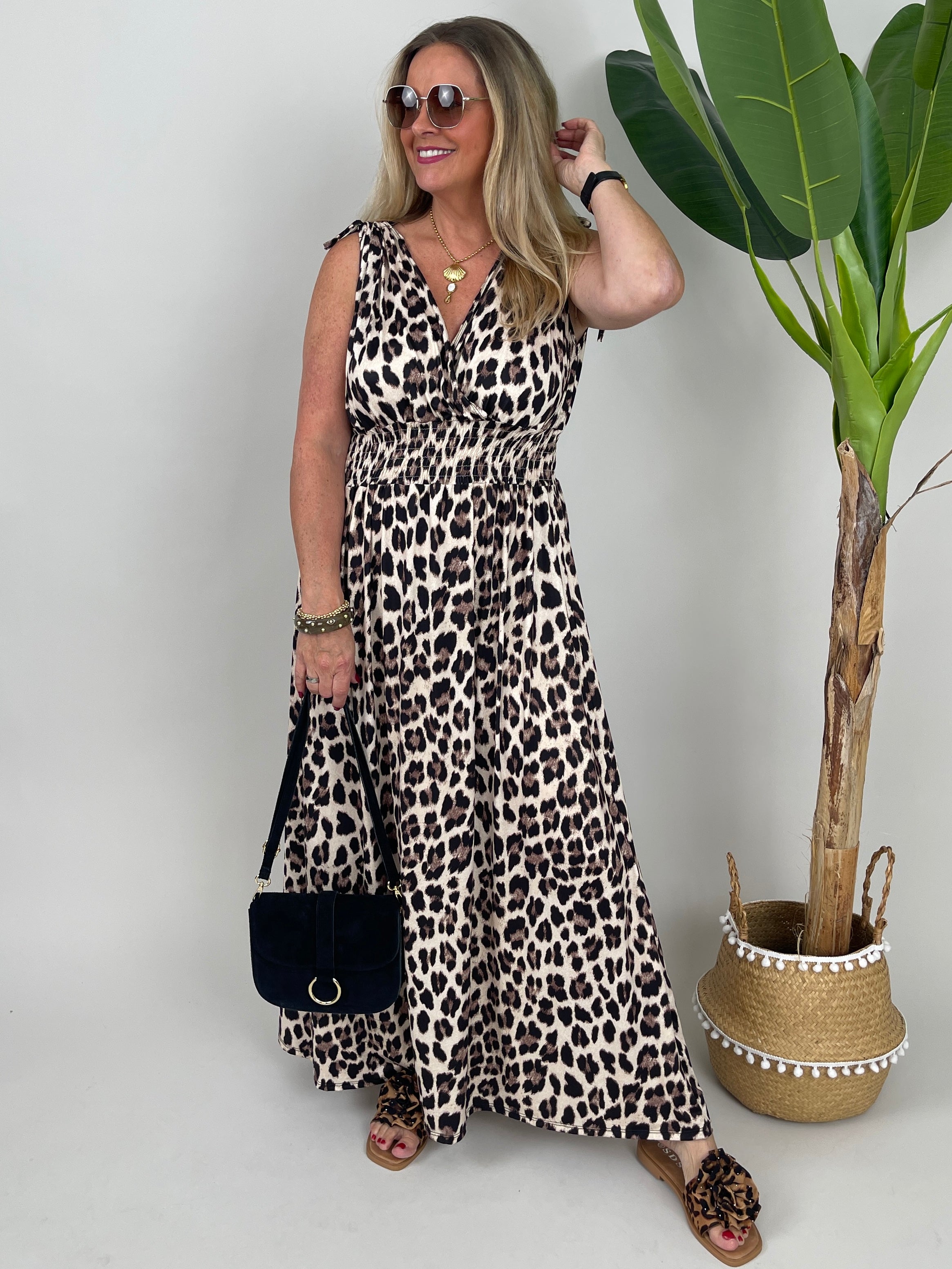 Kleid Maxi Kofferstoff Binde-Details Leo-Muster