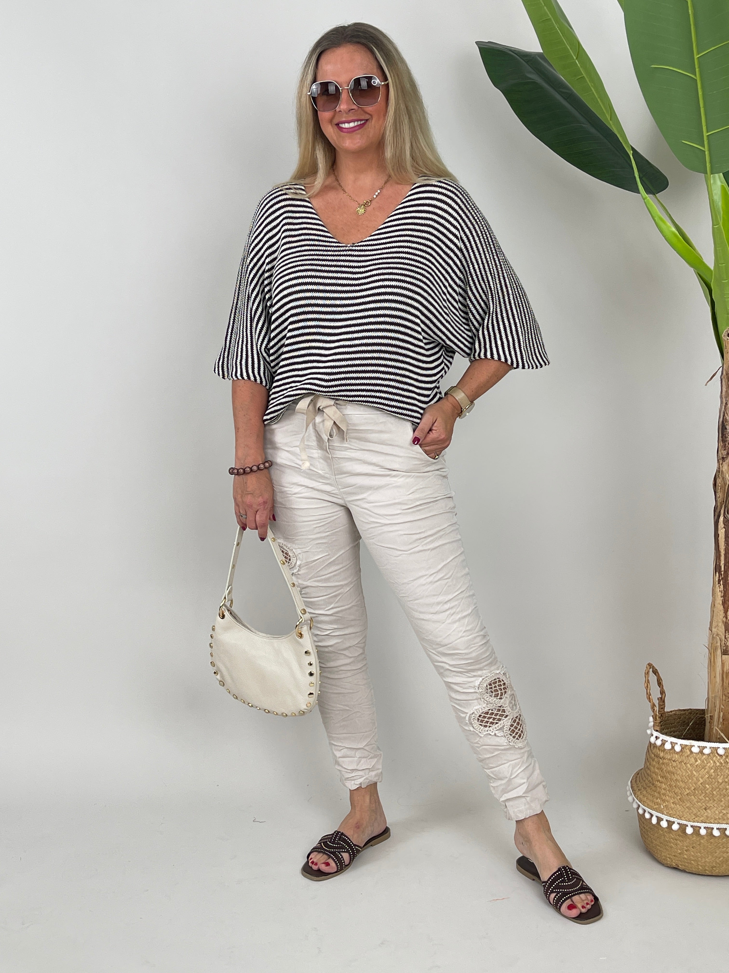 Leichter Strickpullover Streifen in Creme/Mokka
