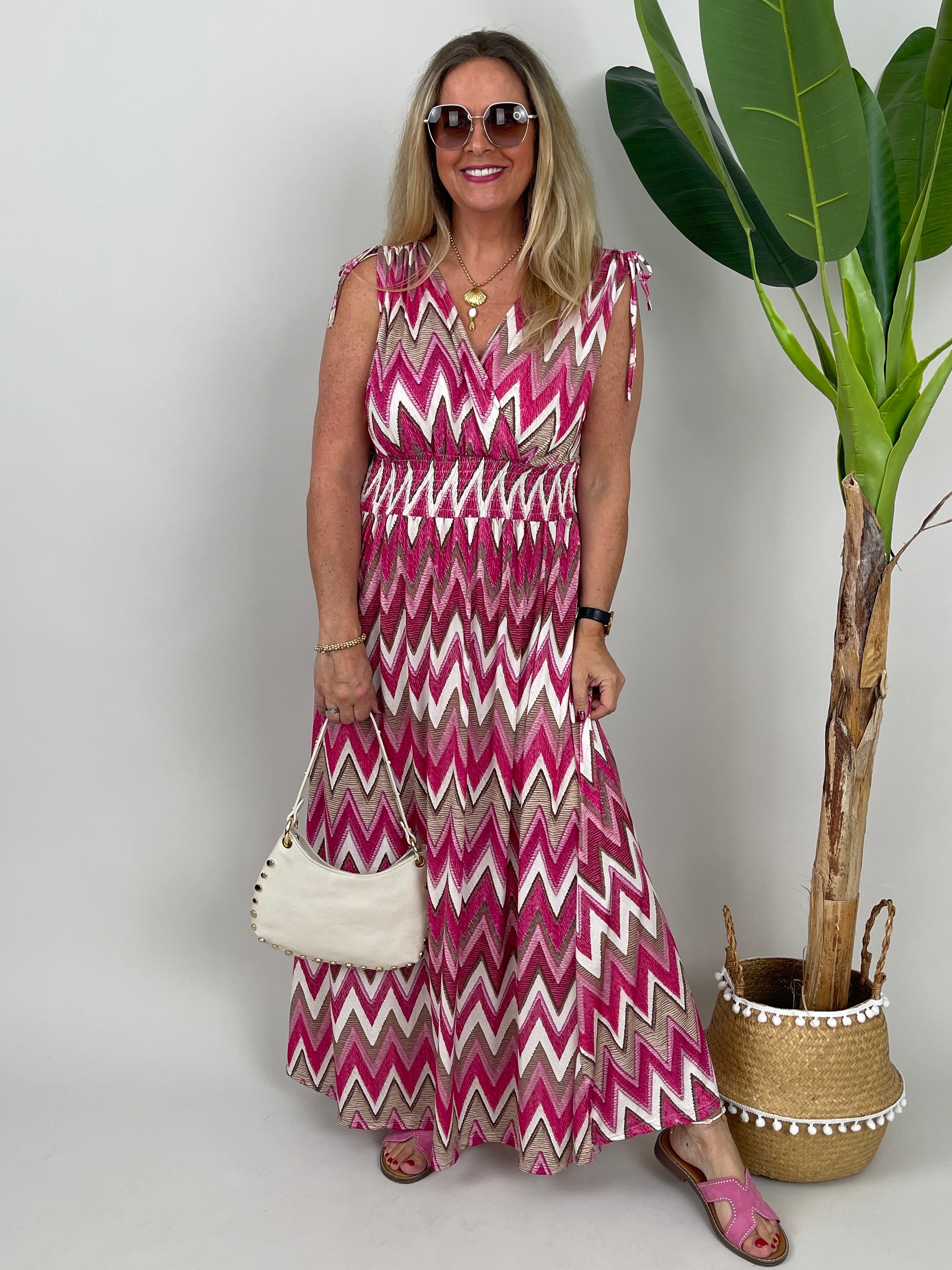 Kleid Maxi Kofferstoff Binde-Details ZickZack in Pink/Taupe