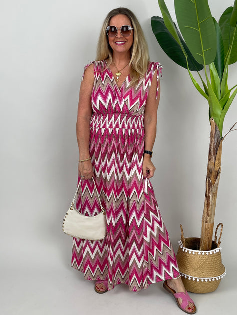 Kleid Maxi Kofferstoff Binde-Details ZickZack in Pink/Taupe