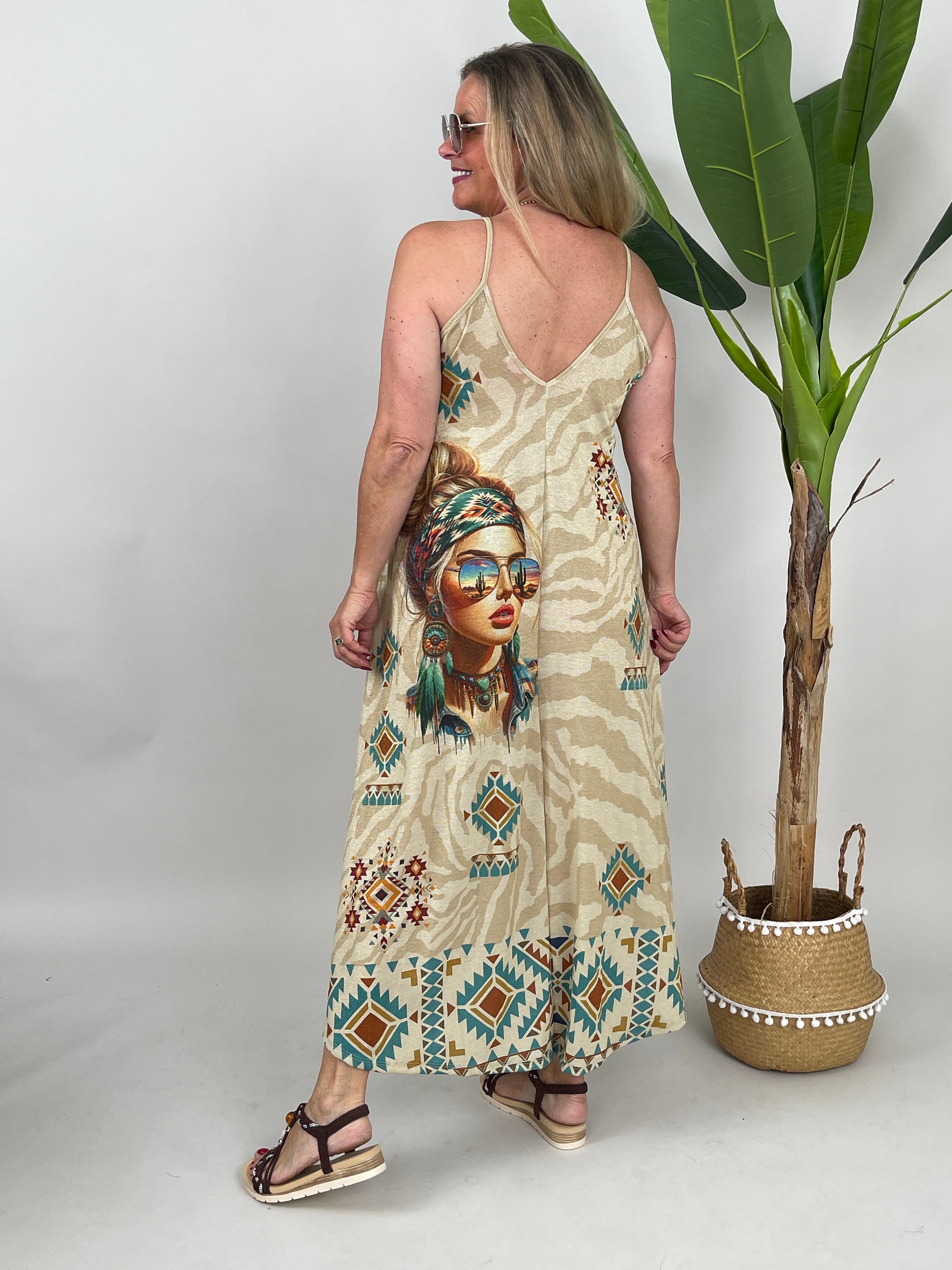Maxikleid mit ausgefallenen Boho-Print & dezentem Glitzer