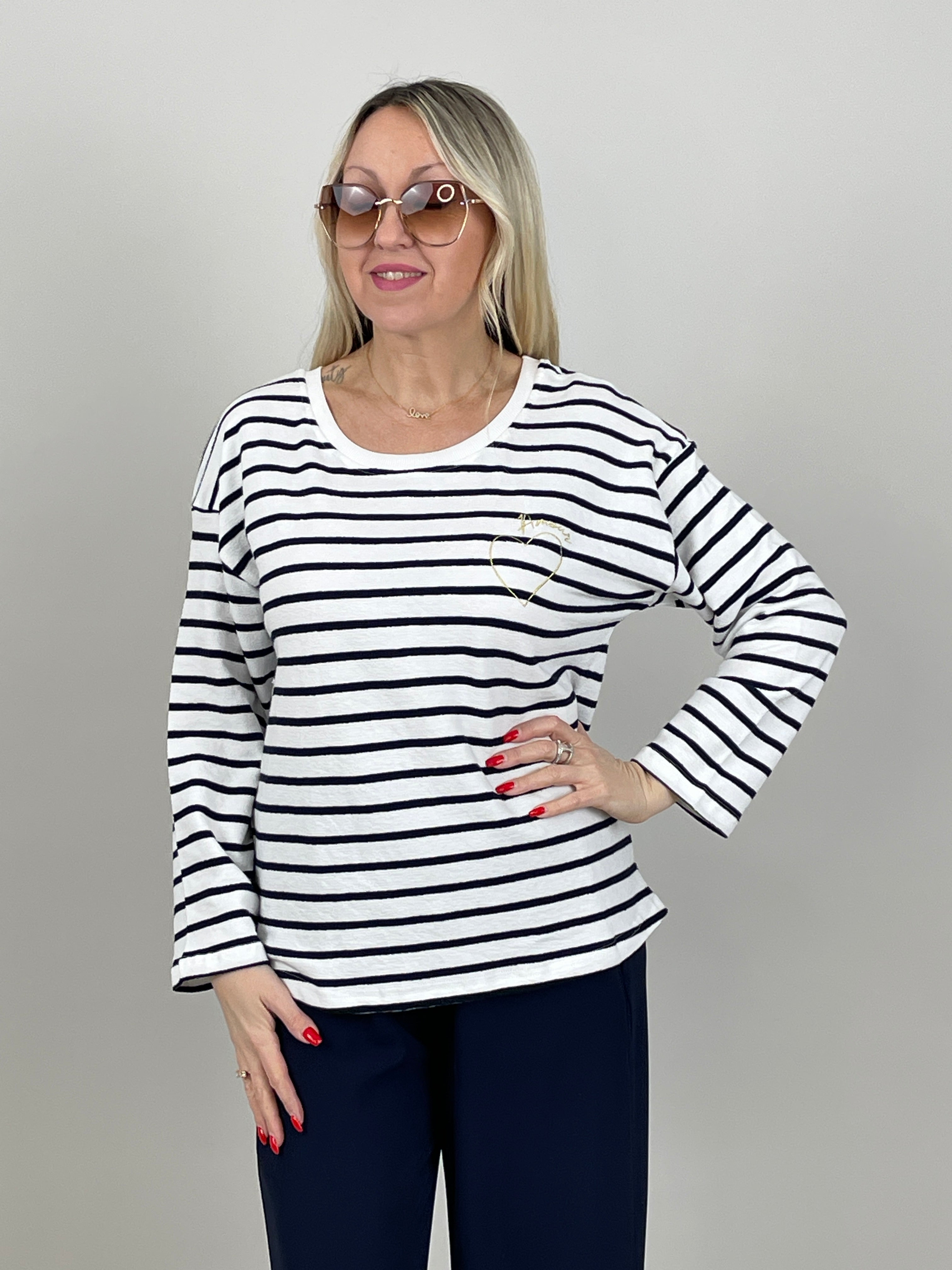 Pullover Feinstrick Streifen Marine/Weiß