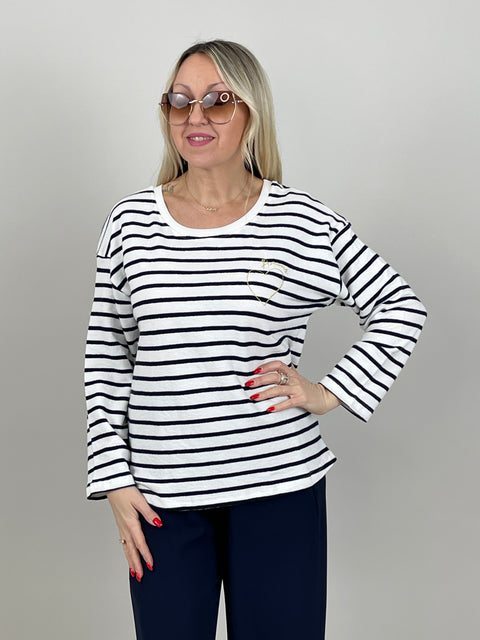 Pullover Feinstrick Streifen Marine/Weiß