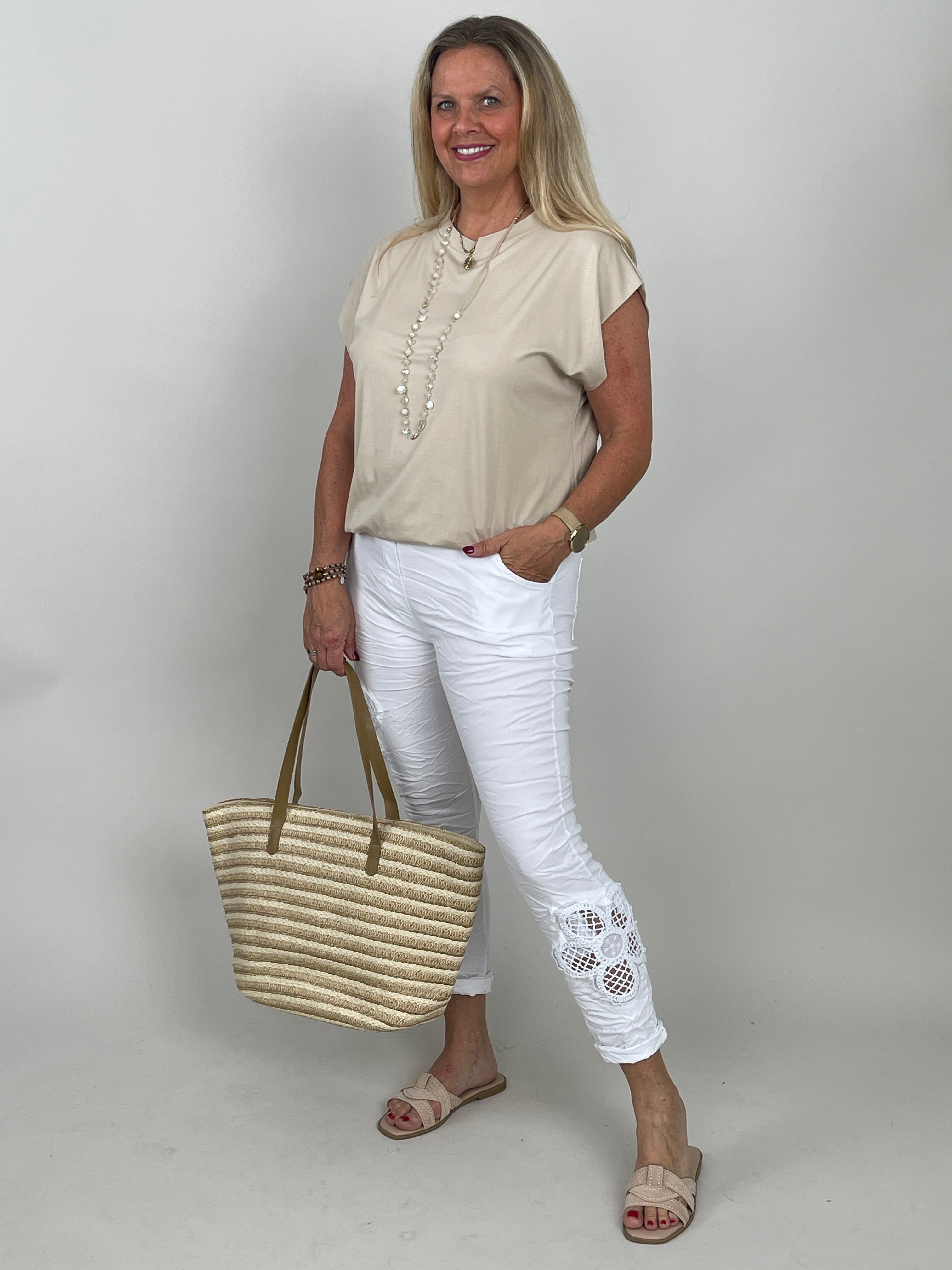 Shirt Basic mit Gummizug-Bündchen in Beige