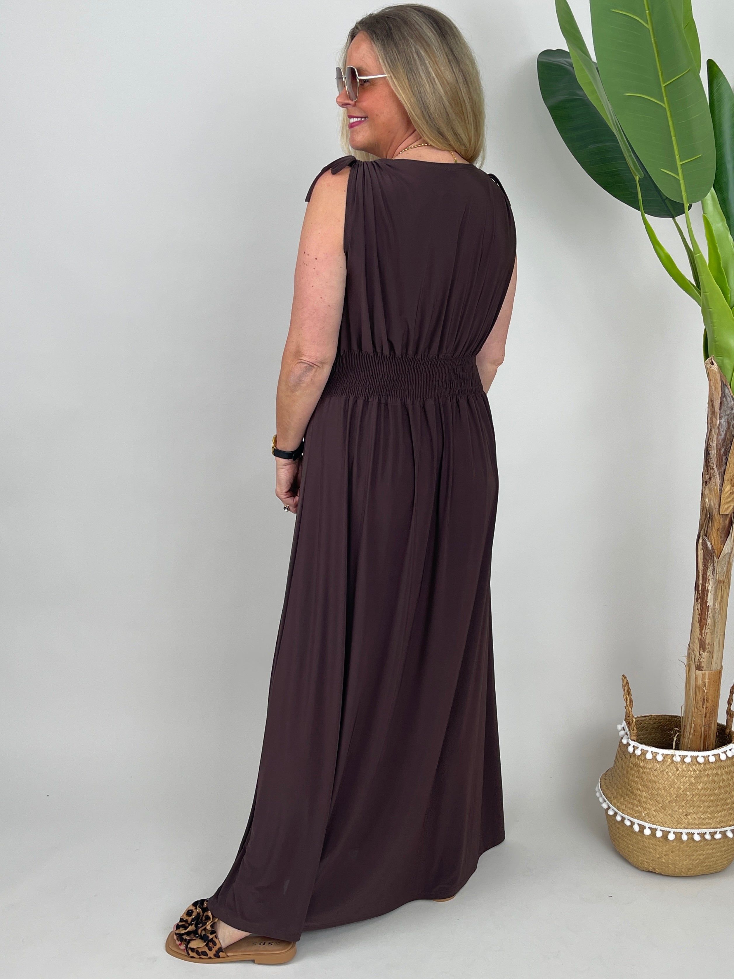 Kleid Maxi Kofferstoff Binde-Details Uni in Braun