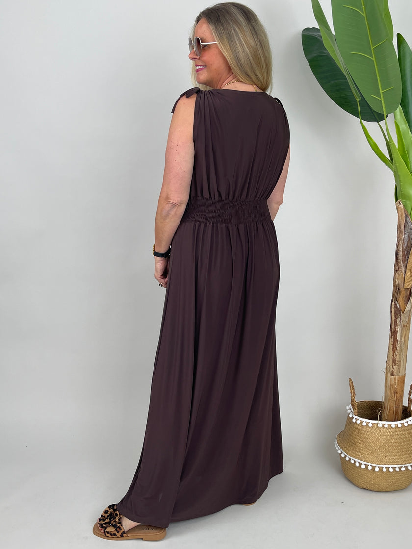 Kleid Maxi Kofferstoff Binde-Details Uni in Braun