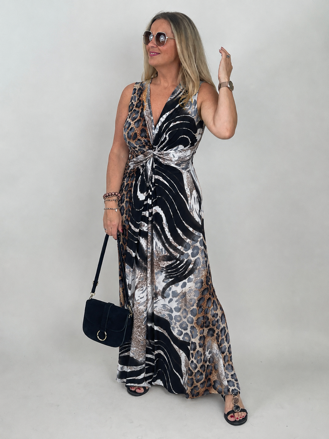 Maxikleid Kofferstoff Schwarz/Grau/Weiß