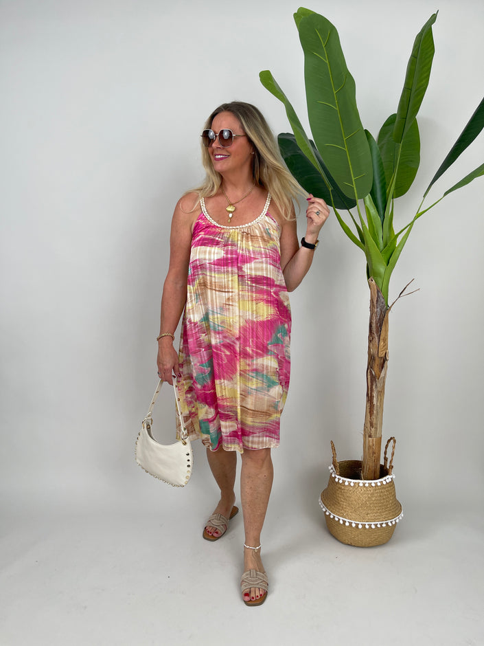 Kleid mit geflochtenen Trägern in Pink/Gelb