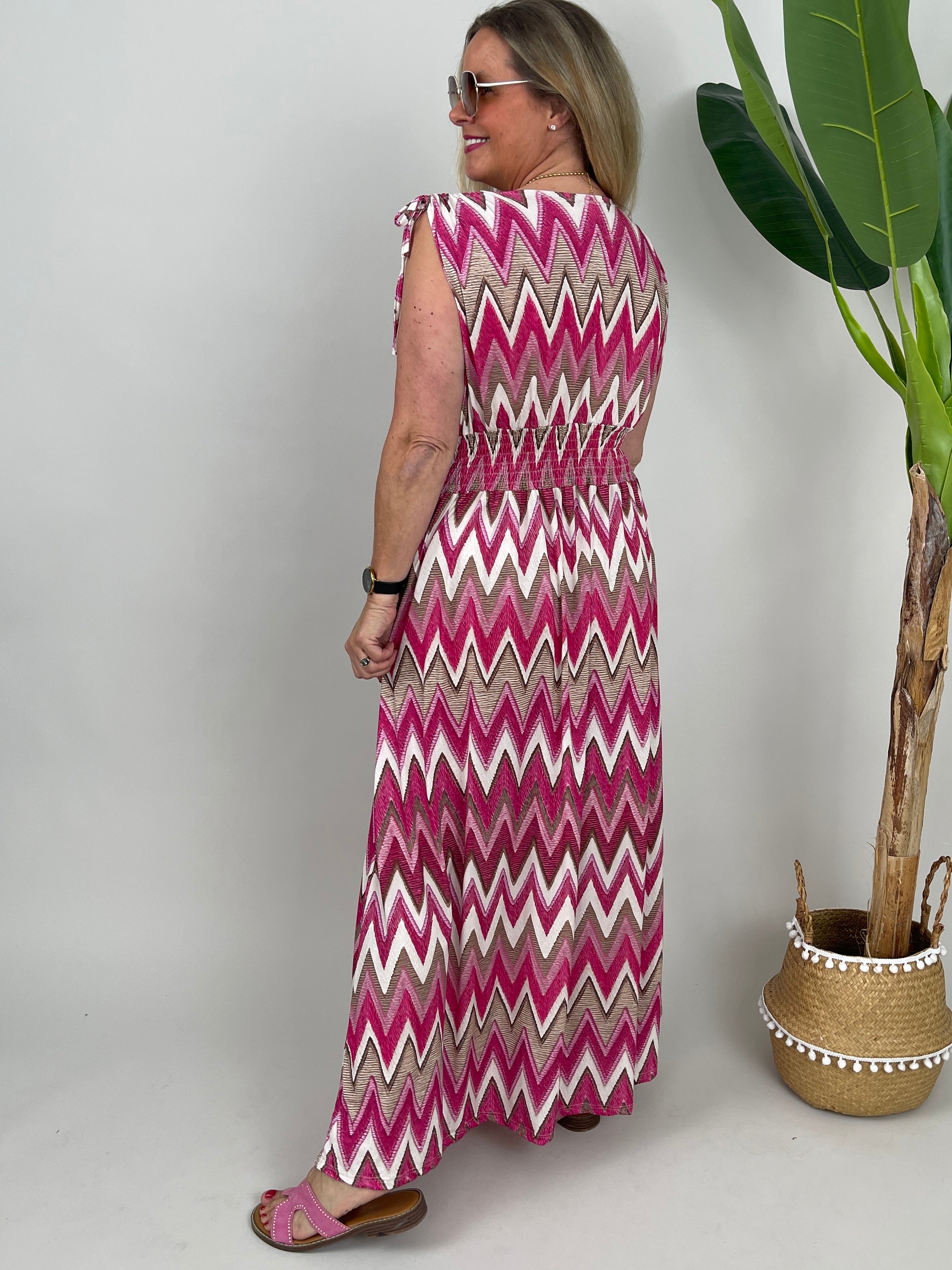 Kleid Maxi Kofferstoff Binde-Details ZickZack in Pink/Taupe
