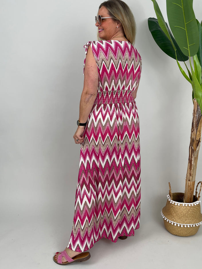 Kleid Maxi Kofferstoff Binde-Details ZickZack in Pink/Taupe
