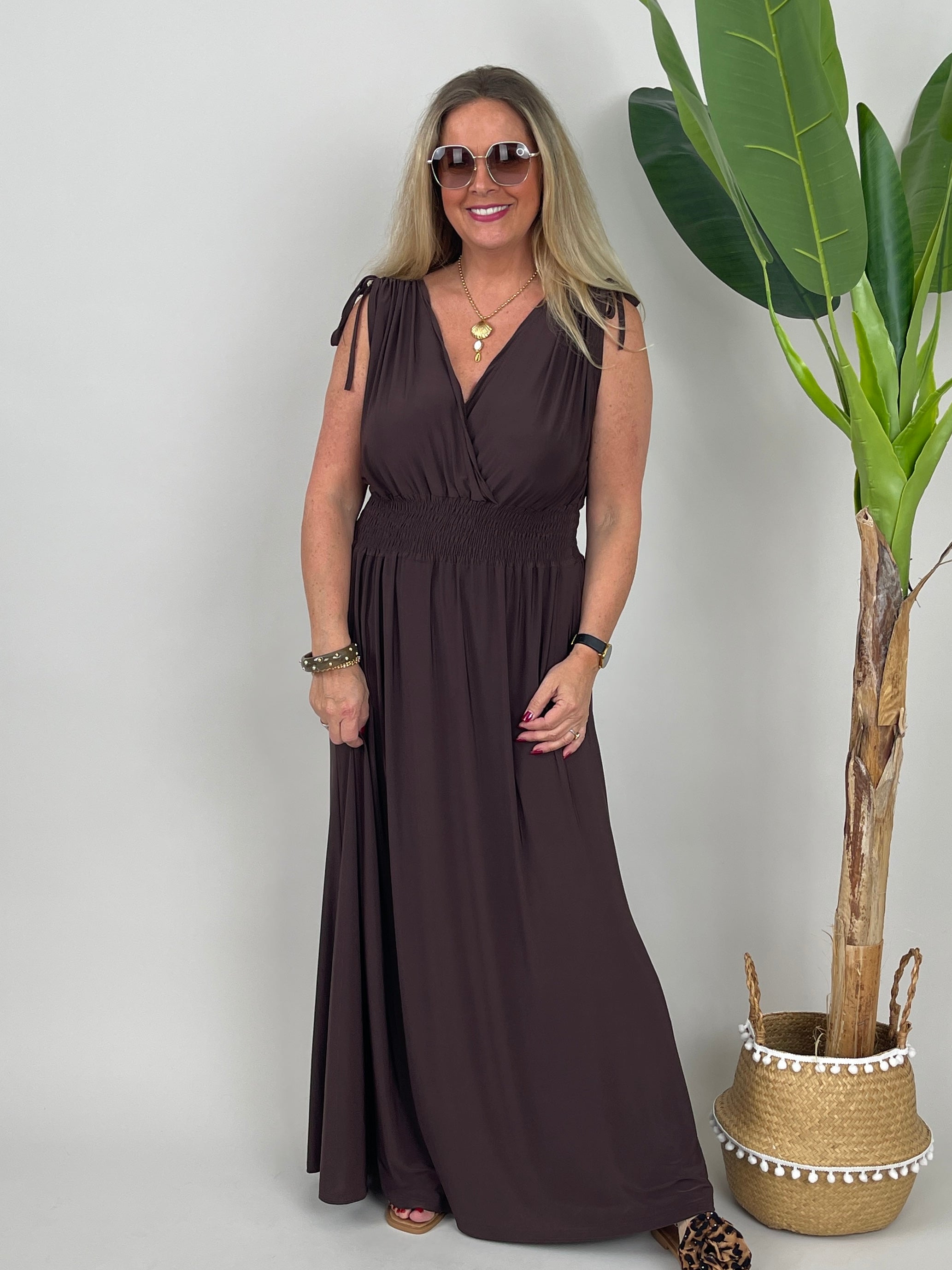 Kleid Maxi Kofferstoff Binde-Details Uni in Braun