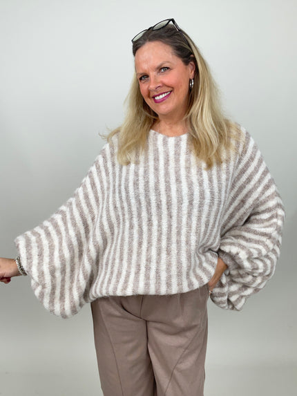 Pullover mit Fledermaus-Ärmeln Streifen in Taupe/Creme