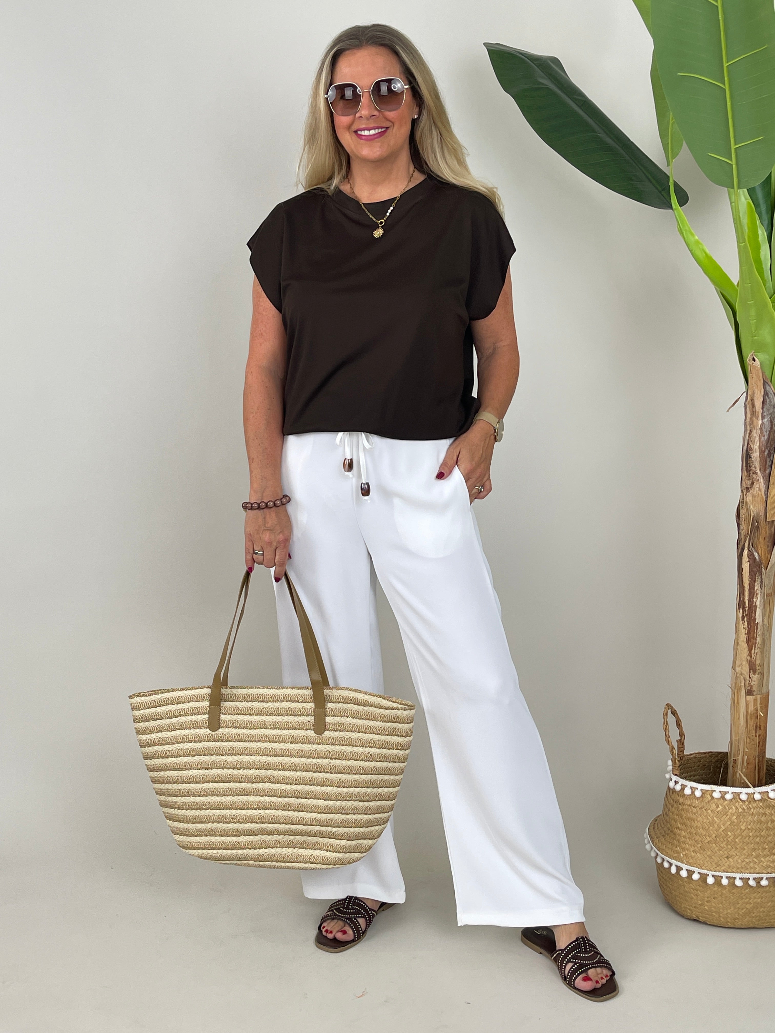 Shirt Basic mit Gummizug-Bündchen in Mokka
