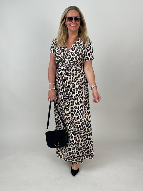Kleid lang Kurzarm Kofferstoff Leo in Beige/Braun