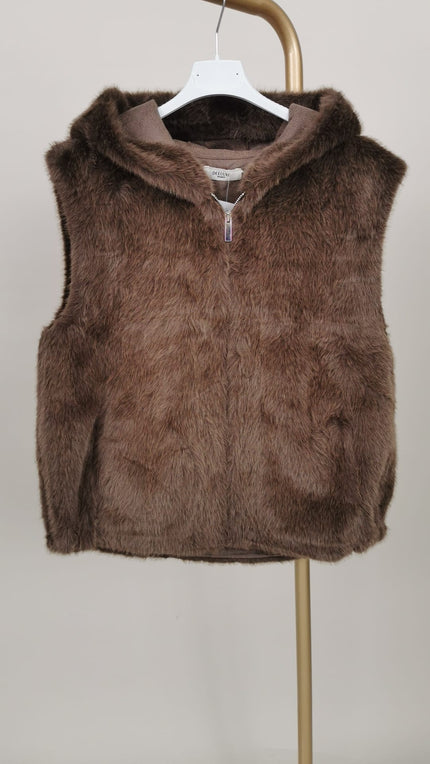 Kunstfellweste mit Kapuze in Taupe