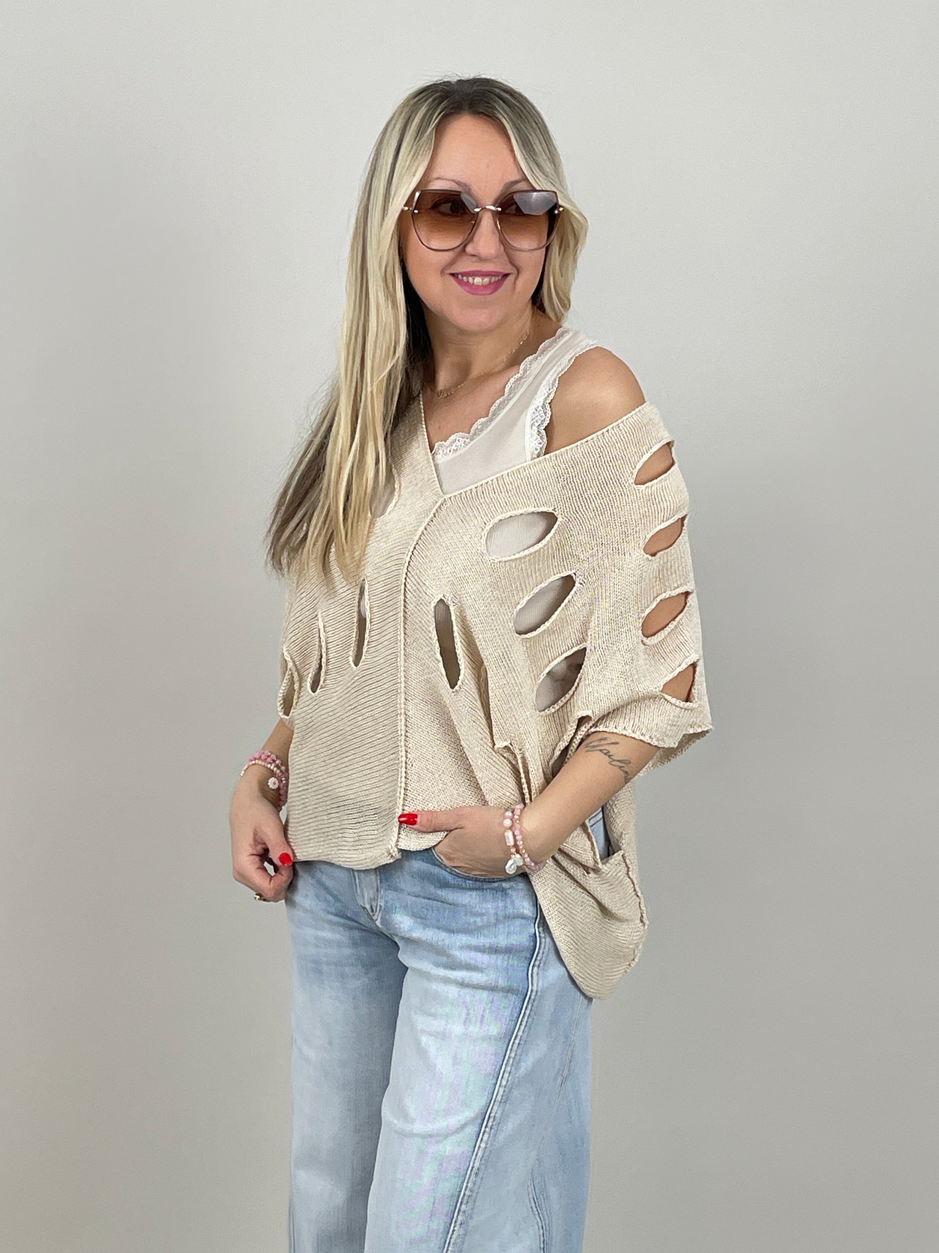 Pullover Kurzarm großes Lochmuster in Beige