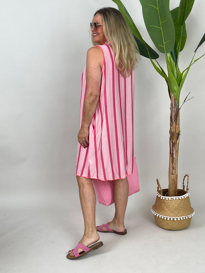 Kleid mit Kontrastnähten Streifen in Rosa/Pink