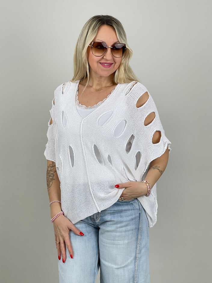 Pullover Kurzarm großes Lochmuster in Weiß