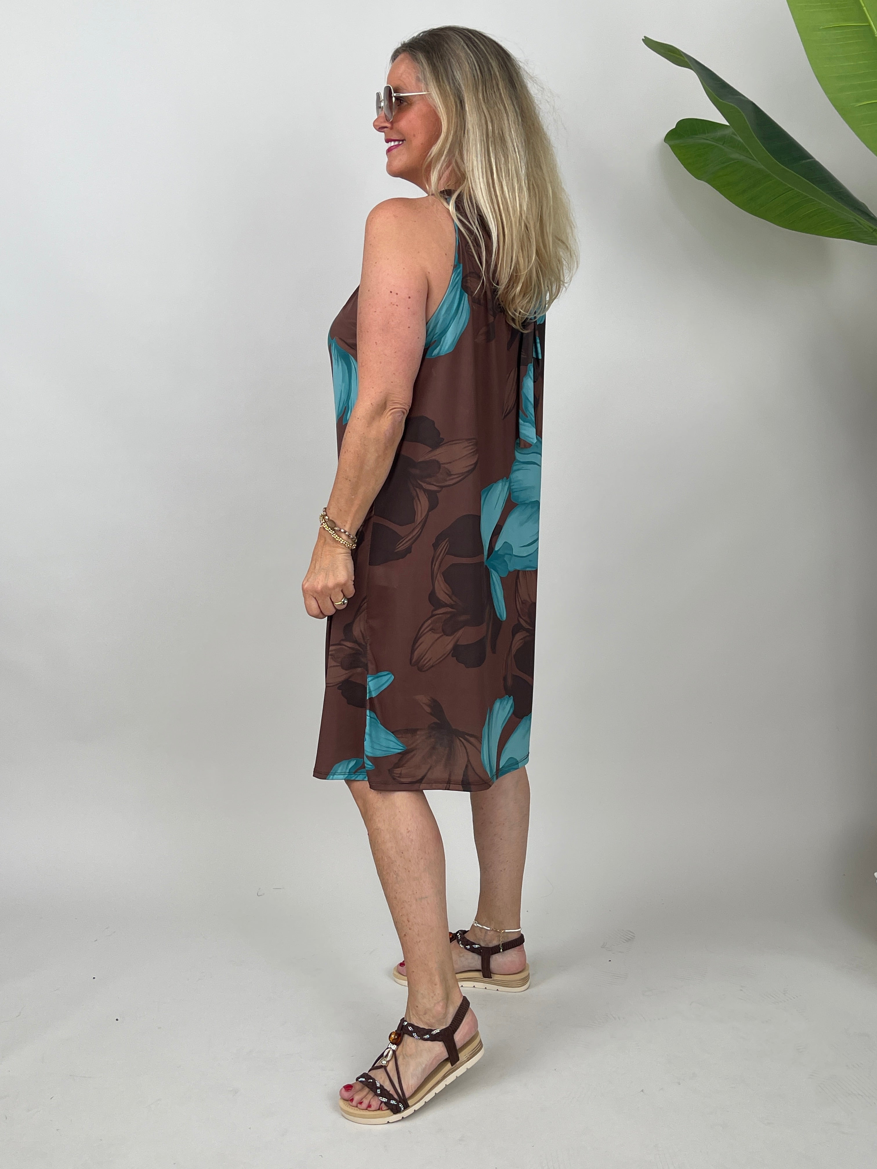Neckholder-Kleid Kurz Kofferstoff Muster Mokka/Türkis