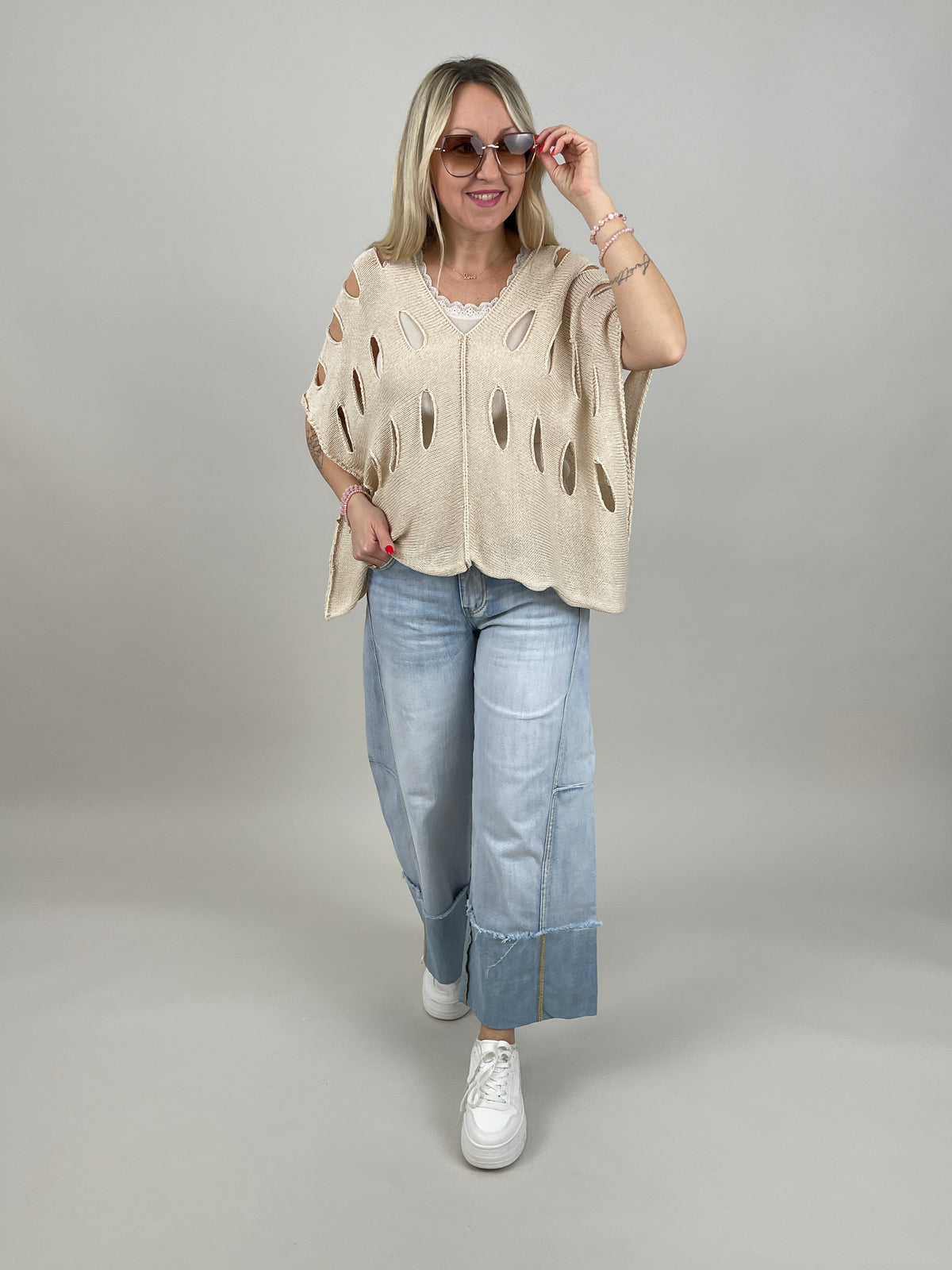 Pullover Kurzarm großes Lochmuster in Beige