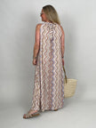 Neckholder-Kleid Maxi Kofferstoff Muster in Beige/Rosa/Hellblau