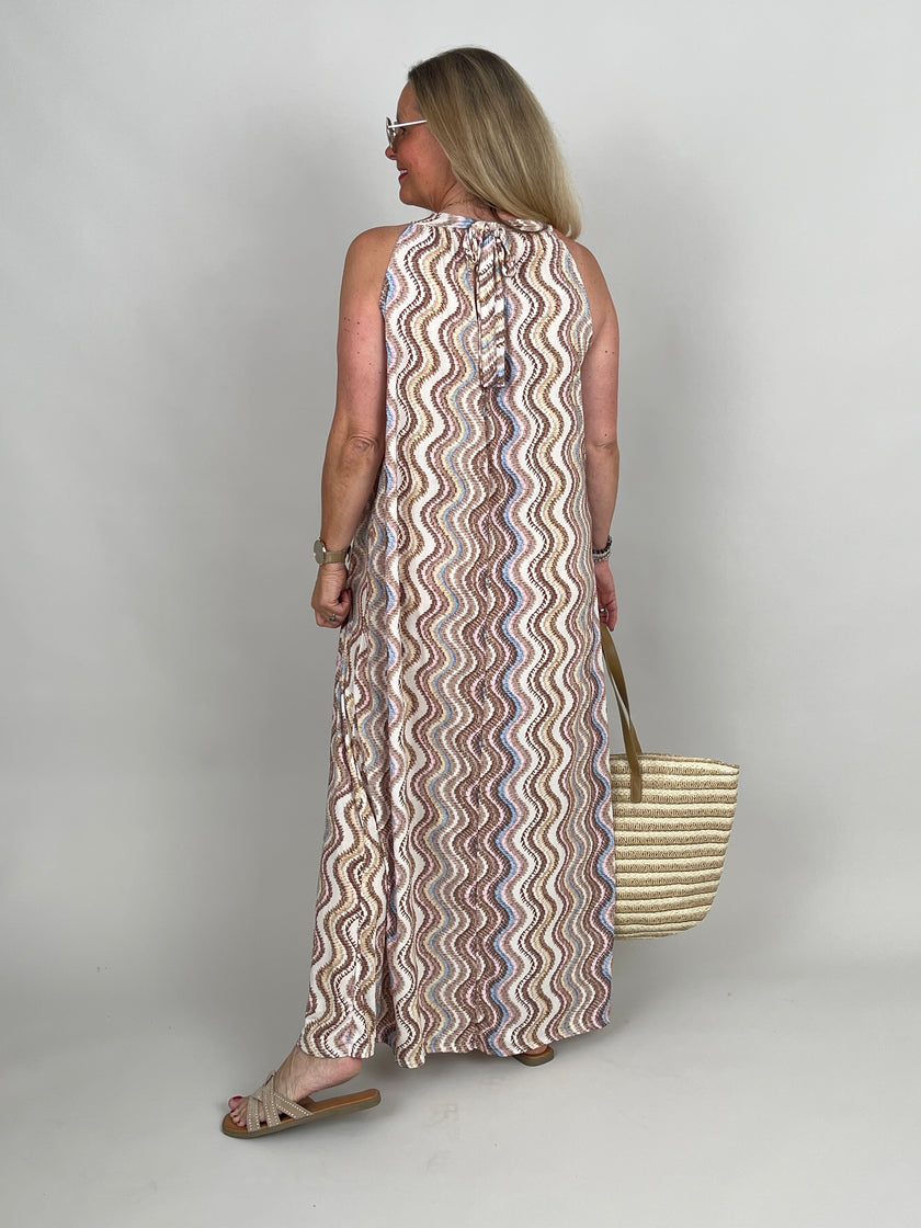 Neckholder-Kleid Maxi Kofferstoff Muster in Beige/Rosa/Hellblau