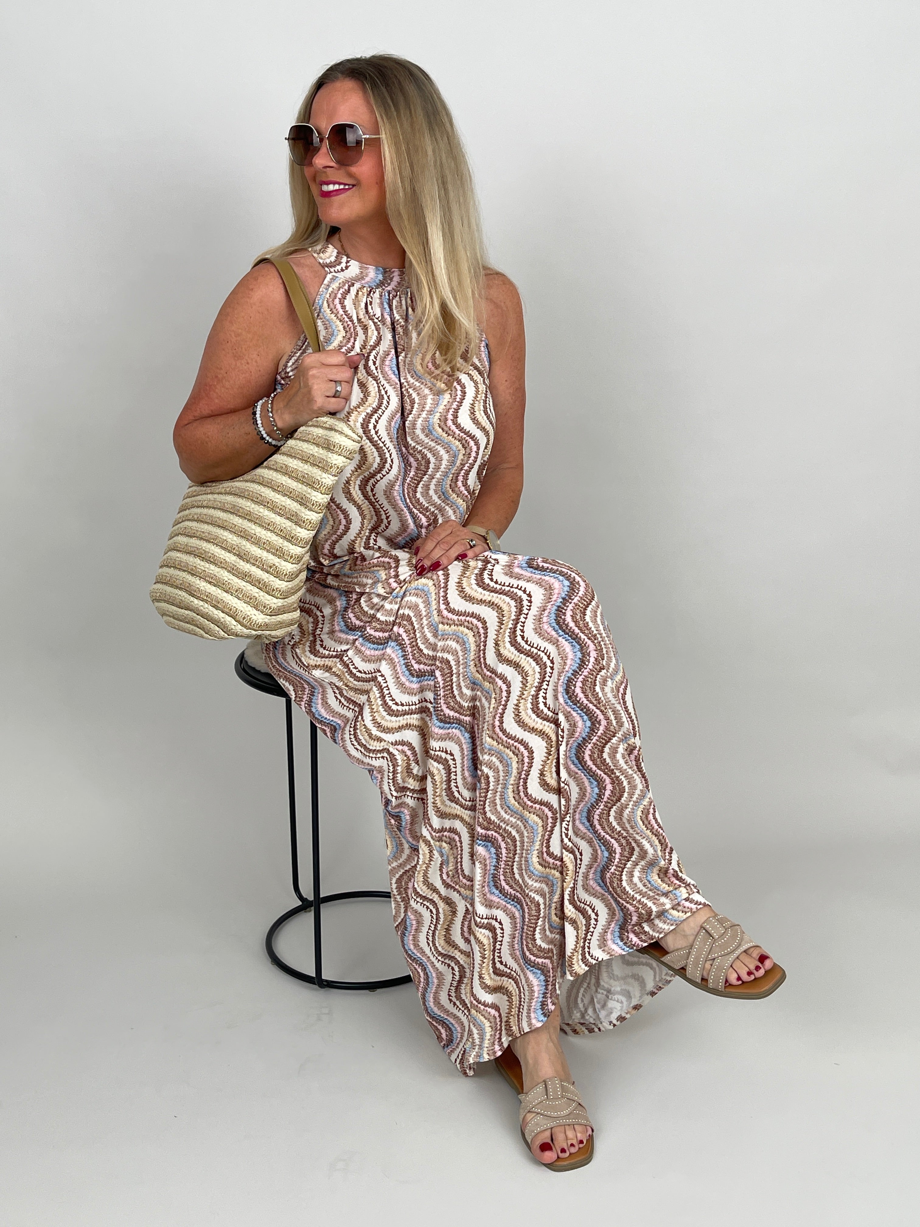 Neckholder-Kleid Maxi Kofferstoff Muster in Beige/Rosa/Hellblau