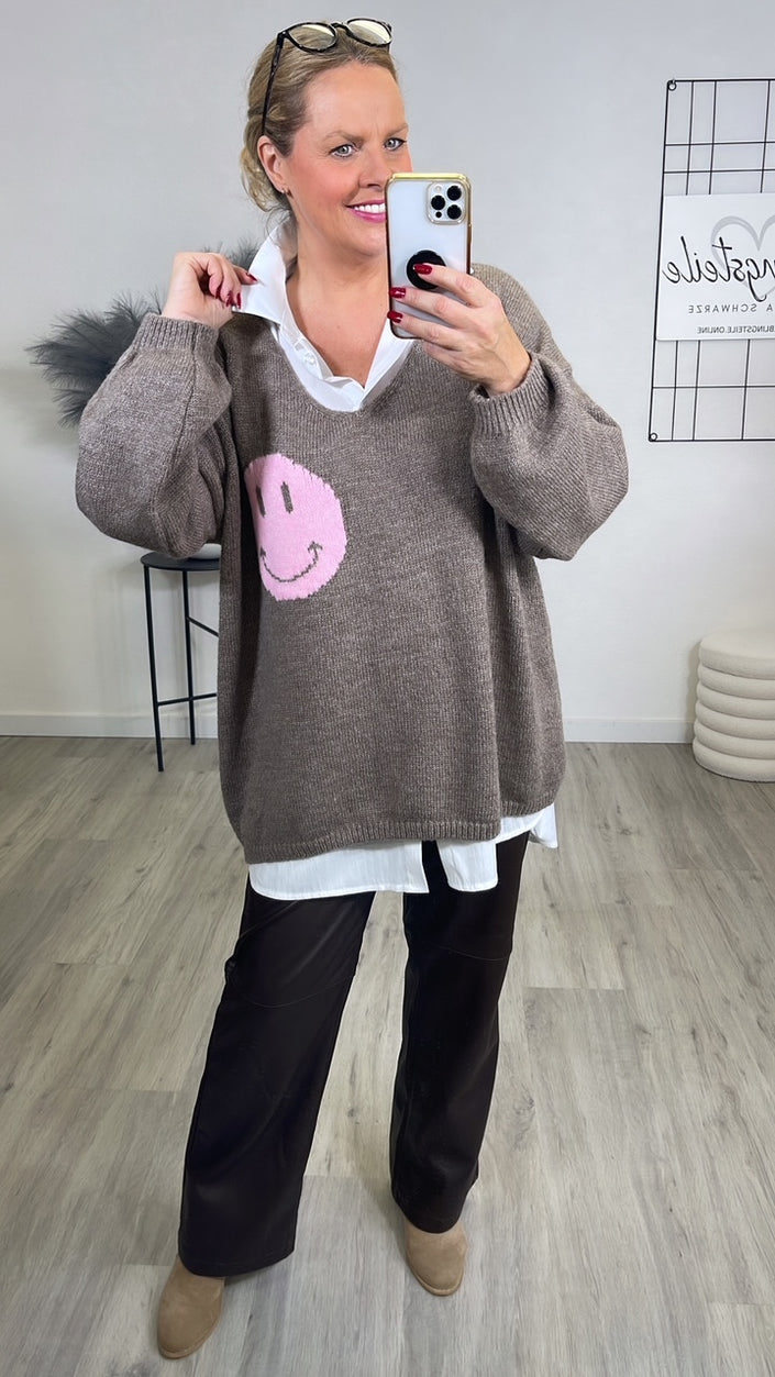 Pullover Smiley und Statement in Braun Art. 6511