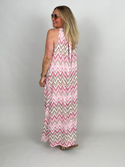 Neckholder-Kleid Maxi Kofferstoff ZickZack in Rosa