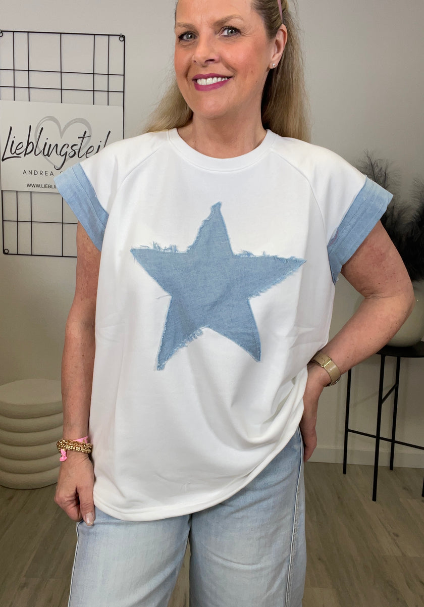 Leichtes Sweatshirt Kurzarm Denim-Details in Weiß Art. 6943