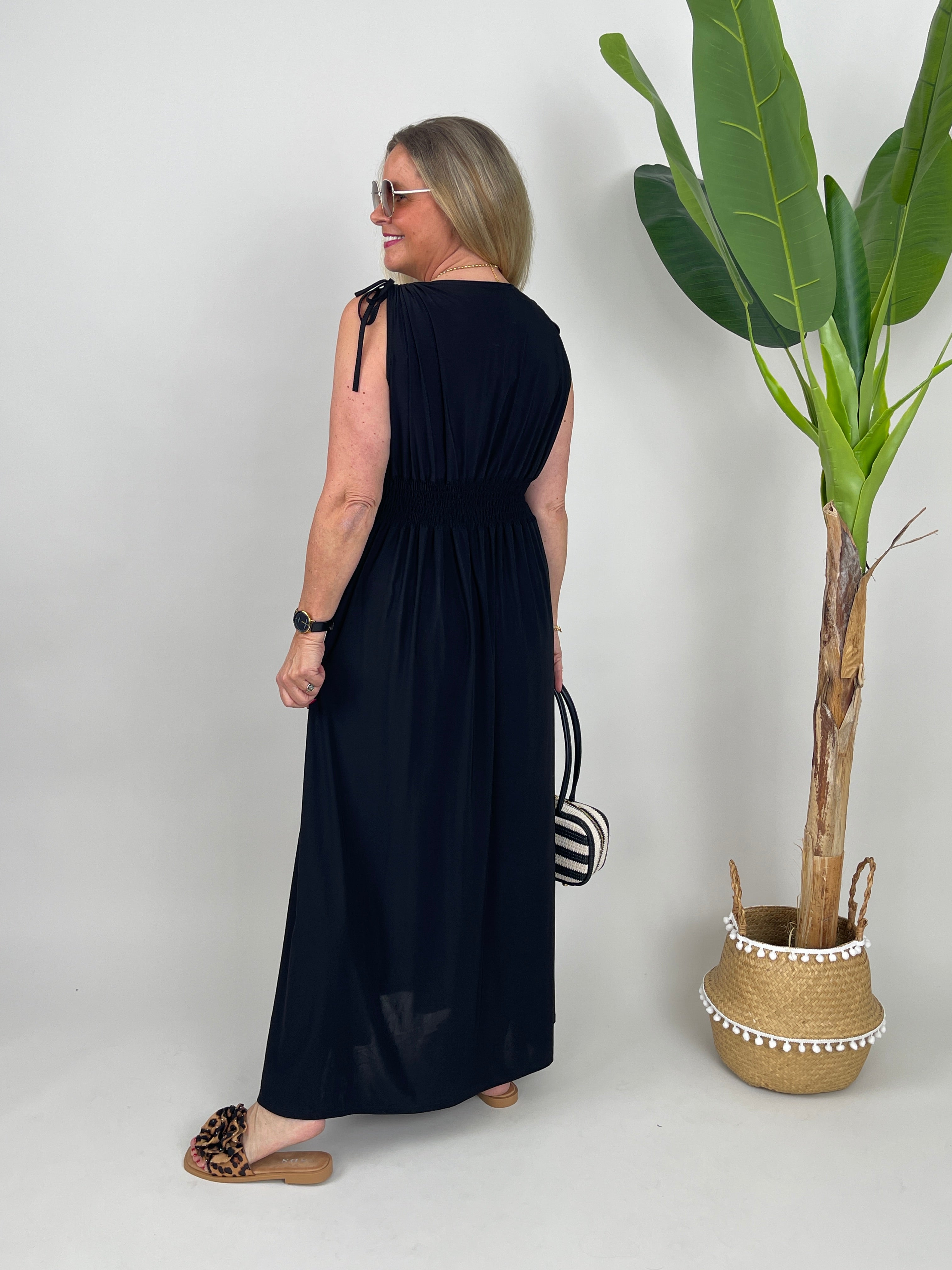 Kleid Maxi Kofferstoff Binde-Details Uni in Schwarz