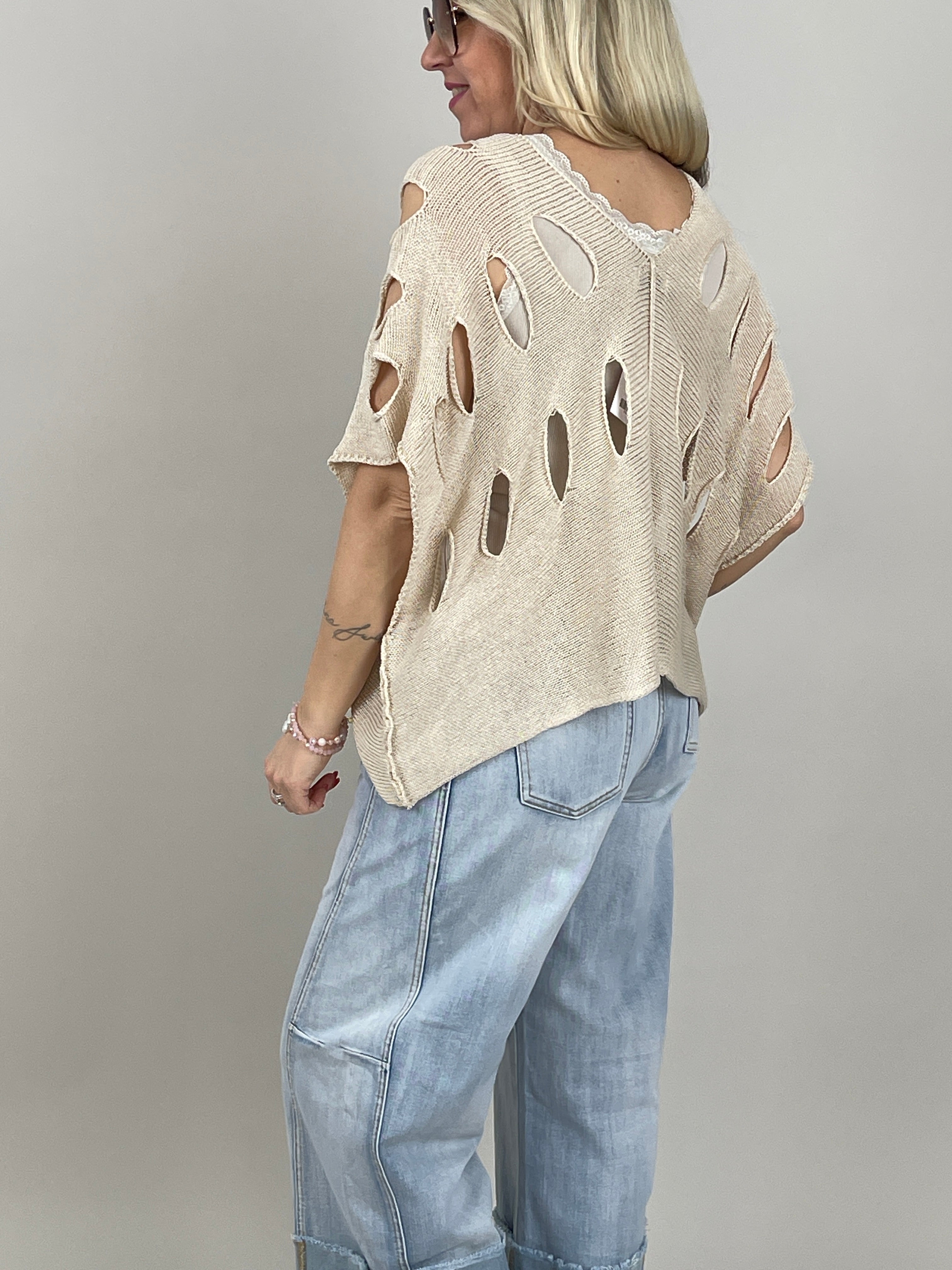 Pullover Kurzarm großes Lochmuster in Beige