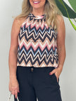 Neckholder Top Kofferstoff ZickZack in Schwarz/Rosa/Beige