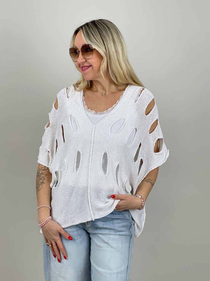 Pullover Kurzarm großes Lochmuster in Weiß